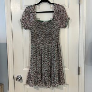 Floral Square Neck Puff Sleeve Smocked Bodice Mini Dress - M - Lush